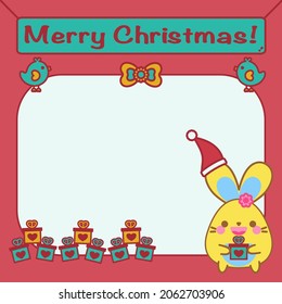 Merry Christmas greeting card. Red background. Lovely heart gift box, sign, ribbon, adorable bird, decoration. Happy cute bunny, red Santa Claus hat, kawaii rabbit cartoon smile doodle vector design.