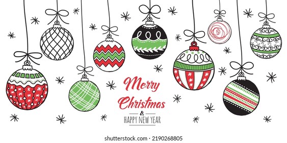 Merry Christmas greeting card red and green with modern baubles. Vector illustration.
