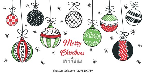 Merry Christmas greeting card red and green with modern baubles. Vector illustration.
