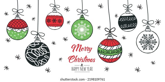 Merry Christmas greeting card red and green with modern baubles. Vector illustration.
