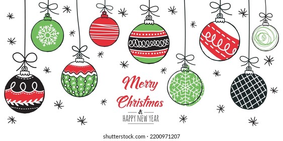 Merry Christmas greeting card red and green with modern baubles. Vector illustration.
