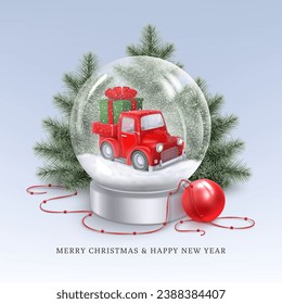 Merry Christmas greeting card with red toy truck car with gift box in a snow globe on a light blue backdrop with Christmas trees, shiny ball and garland