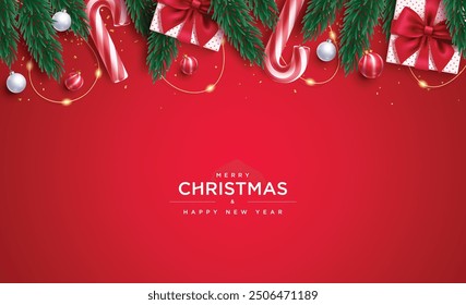 Merry christmas greeting card red vector design. Christmas and happy new year greeting text with spruce garland, gift boxes, xmas lights and balls decoration elements in elegant background. Vector 