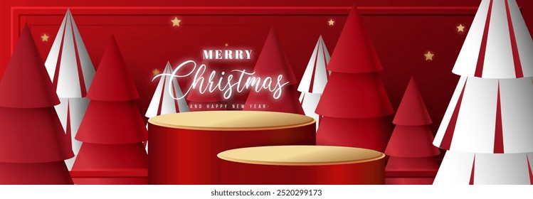 Merry Christmas greeting card with red and white Christmas trees, golden stars, and festive elements. A round stage for the presentation of sale product. Vector illustration