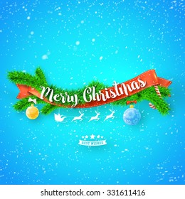 Merry Christmas greeting card with red ribbonm, xmas tree and snow on blue background. Vector illustration for your modern design.