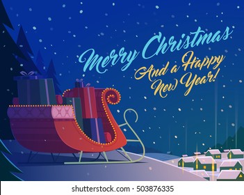 Merry Christmas greeting card with red sleigh full of presents and small village at night.