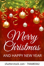 Merry Christmas greeting card with red background with Christmas tree border, baubles and golden serpentine streamers