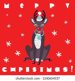 Merry Christmas greeting card with a reindeer with red nose and snowflakes.