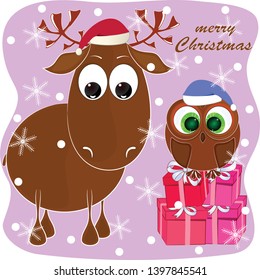 merry christmas greeting card with reindeer and owl. cartoon reindeer and owl vector illustration.