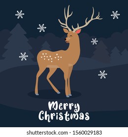 Merry Christmas greeting card with reindeer and night landscape. Modern vintage style. Postcard or invitation template. Happy new year. 