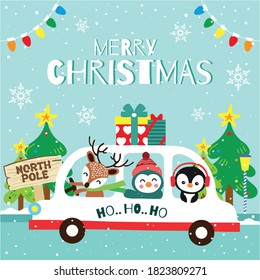 Merry Christmas greeting card with reindeer and friends on car