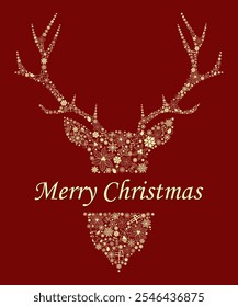 Merry Christmas greeting card in reindeer antler frame. With yellow Christmas leaf, ornament, snowflakes, candy canes, sock, gift box and star in dark red background. 