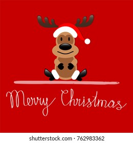Merry Christmas greeting card with Reindeer sitting on red background, stock vector illustration
