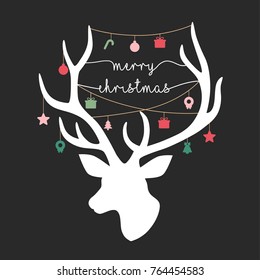 Merry Christmas Greeting Card with reindeer, typography, text design and element icons. Vector illustration