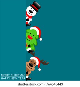 Merry Christmas greeting card with Reindeer, Snowman and Christmas Tree sitting on blue background, stock vector illustration