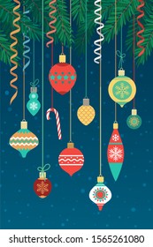 Merry Christmas Greeting Card. Reto style Vector Illustration with Christmas balls.