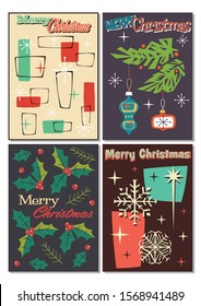 Merry Christmas Greeting Card Retro Set, Mid Century Modern Postcards Style, Christmas Trees, Decorations, Holly, Snowflakes, Vintage Colors and Shapes 
