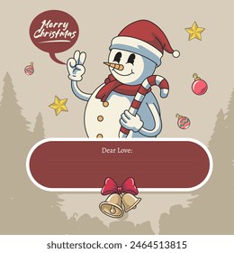 Merry Christmas greeting card Retro Cartoon Vector Illustration with Cute Snowman Candy Cane Star Light Ball Ring Bell Red Brown Colors