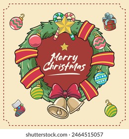 Merry Christmas greeting card Retro Cartoon Vector Illustration with Beautiful Wreath Sock Candy Cane Light Ball Ring Bell Red Ribbon