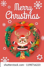 Merry Christmas greeting card with christmas ring and cute cartoon character Riendeer in Santa Claus costume. Vector Illustration.