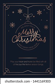 Merry Christmas greeting card with rose gold lines and dark background. Christmas ball, snowflakes and lettering luxury card. Vector illustration