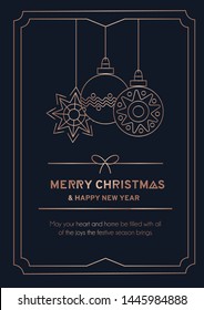 Merry Christmas greeting card with rose gold linear snowball, snowflakes and navy blue background. Line art New Year greetind card or invitation. Vector illustration