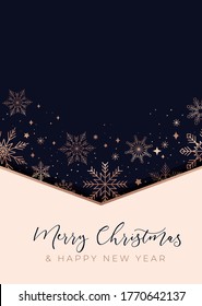 Feliz tarjeta de felicitación navideña con copos de nieve de oro rosa, azul marino y color beige. Elegante y lujosa plantilla navideña para banner, invitación, tarjeta de saludo, etc. Diseño premium ilustrativo vectorial