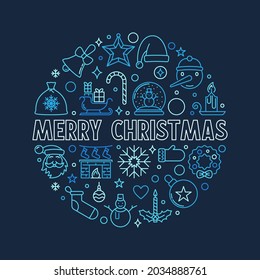 Merry Christmas Greeting Card with round blue outline design - Xmas circle-shaped concept vector illustration