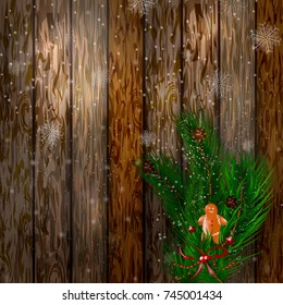Merry Christmas. Christmas greeting card with rustic wood and ornaments, snow spruce branches with red berries.  Holidays Christmas background. Space for text or design. 