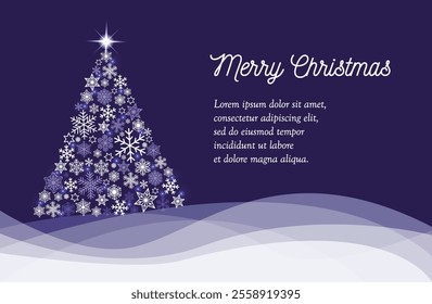 Merry Christmas greeting card, sample text postcard shining christmas tree made from various white snowflakes, lights stars on wavy hills, dark blue background. Vector EPS 10 Holiday designs