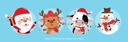 Merry Christmas Greeting Card With Santa Claus, Deer, Snowman And Cow. 2021 Year Of The Ox. Cute Bull Animal Holiday Cartoon Character Vector.