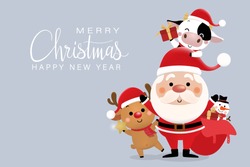 Merry Christmas Greeting Card With Santa Claus, Deer, Snowman And Cow. 2021 Year Of The Ox. Cute Bull Animal Holiday Cartoon Character Vector.