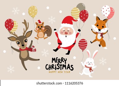 Merry Christmas greeting card with Santa Claus, deer, squirrel, rabbit and fox hold balloons. Holiday cartoon vector. Cute wildlife animal character. Happy new year background.