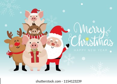 Merry Christmas greeting card with Santa Claus, deer, piggy and boar. 2019 year of the pig. Cute animal holiday cartoon character vector. Calligraphy hand written.