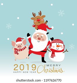 Merry Christmas greeting card with Santa Claus, deer, snowman and piggy. 2019 year of the pig. Cute animal holiday cartoon character vector.