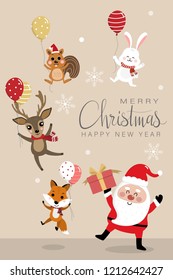 Merry Christmas greeting card with Santa Claus, deer, squirrel, rabbit and fox hold balloons. Holiday cartoon vector. Cute wildlife animal character. Happy new year background.