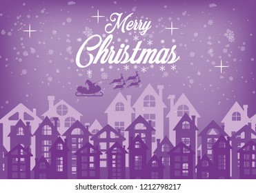 Merry christmas greeting card and Santa Claus on the sky with purple background. illustration vector