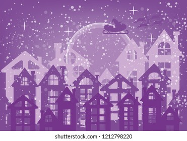 Merry christmas greeting card and Santa Claus on the sky with purple background. illustration vector