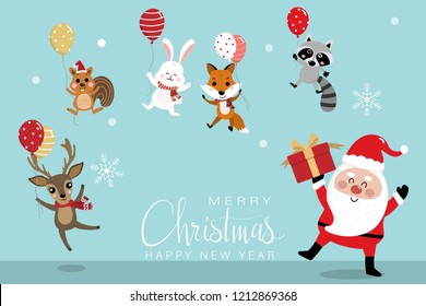 Merry Christmas greeting card with Santa Claus, deer, squirrel, rabbit, raccoon and fox hold balloons. Holiday cartoon vector. Cute wildlife animal character. Happy new year background.