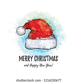 Merry Christmas greeting card. Santa Claus hat, hand drawn doodle sketch style. Cute Santa cap, winter holiday icon. Black ink line vector illustration, watercolor splash isolated on white background.