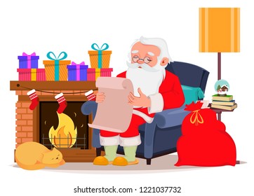 Merry Christmas greeting card with Santa Claus sitting in comfortable armchair at home near fireplace and reading letter from children. Vector illustration on white background
