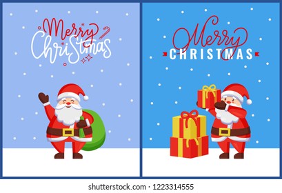 Merry Christmas greeting card with Santa Claus putting gift boxes on pile, sending best wishes to everyone with bag full of presents, vector postcard