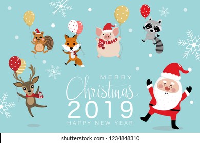Merry Christmas greeting card with Santa Claus, deer, squirrel, piggy and fox hold balloons. Holiday cartoon vector. Cute wildlife animal character. 2019 Year of the pig.