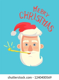 Merry Christmas greeting card with Santa Claus head, New Year pipe in mouth. Old bearded man in red head, face of Father Frost isolated on blue, vector