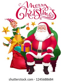 Merry christmas greeting card. Santa Claus is sitting in chair, assistant elf and an open bag with gifts. Isolated on white vector cartoon illustration