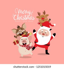 Merry Christmas greeting card with Santa Claus, deer, snowman, boar and piggy. 2019 year of the pig. Cute animal holiday cartoon character vector.