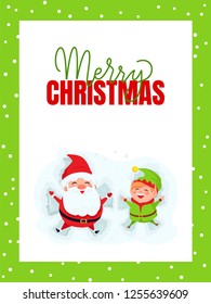 Merry Christmas greeting card with Santa Claus and Elf lying on snow. New Year cartoon characters Father frost and dwarf little helper on snowy ground, vector