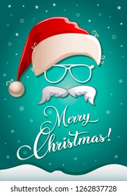 Merry christmas. Greeting card with santa claus hat, white moustache and congratulatory text on the winter background with white stars and snowflakes. Vector holiday poster, banner