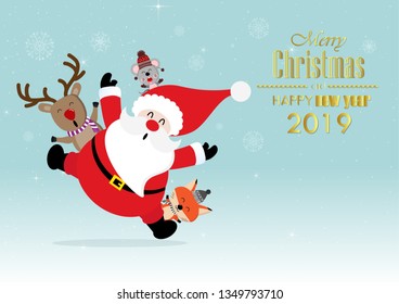 Merry Christmas greeting card with Santa Claus, deer, Fox and Rat. Cute animal holiday cartoon character vector. Vector concept illustration for design.