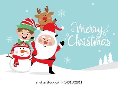 Merry Christmas greeting card with Santa Claus, deer, snowman and little elf. Cute holiday cartoon character in winter background. -Vector